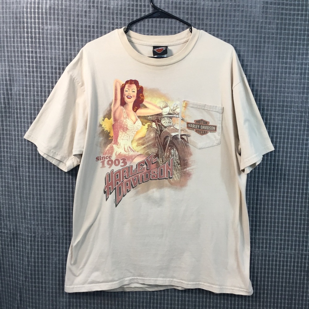 Harley-Davidson Tifton‎ Georgia Pin-Up Girl Pocket T-Shirt Tan Mens XL USA Made